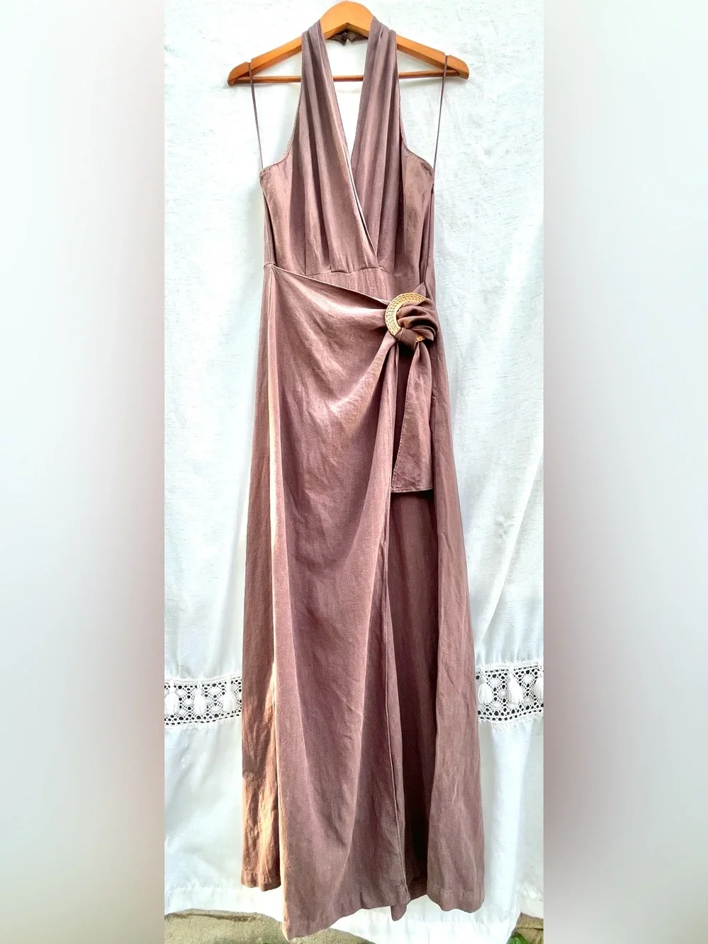 Zara Rami Jumpsuit Halterneck Crossover V-Neck Pareo w Buckle Open Back Brown L
